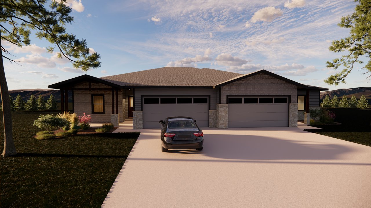 Rendering of Copper Creek townhomes with paired garages and sheltered entries