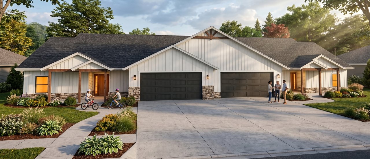 Rendering of a duplex with individual garages, front porches, and landscaped entries