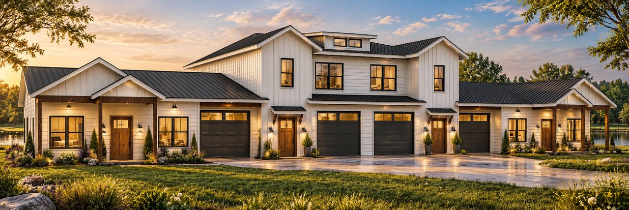 Multifamily design rendering with white siding, dark roofs, and individual garages at sunset