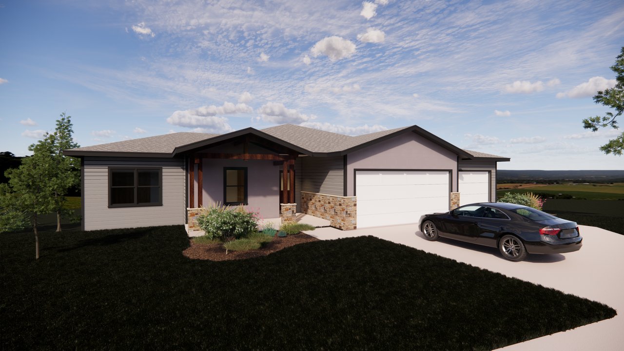 Rendering of a single-story home with an attached garage and sheltered front entry