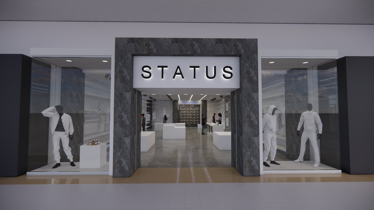 Retail entrance rendering with glass doors and a dark stone surround