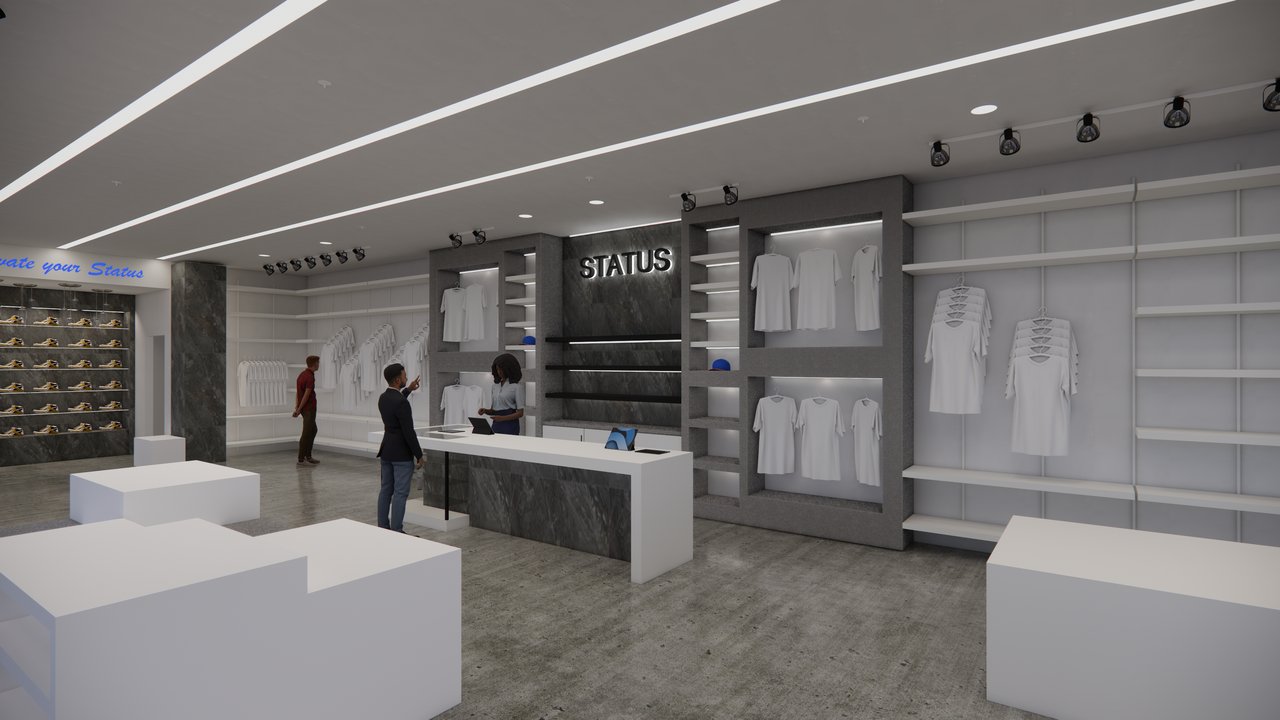 Retail interior rendering with a central counter, display shelves, and linear lighting