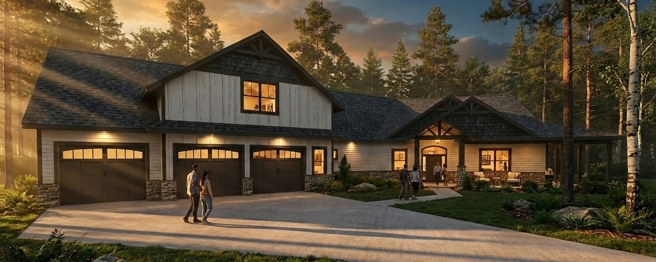 Evening rendering of a dark-sided custom home nestled among trees